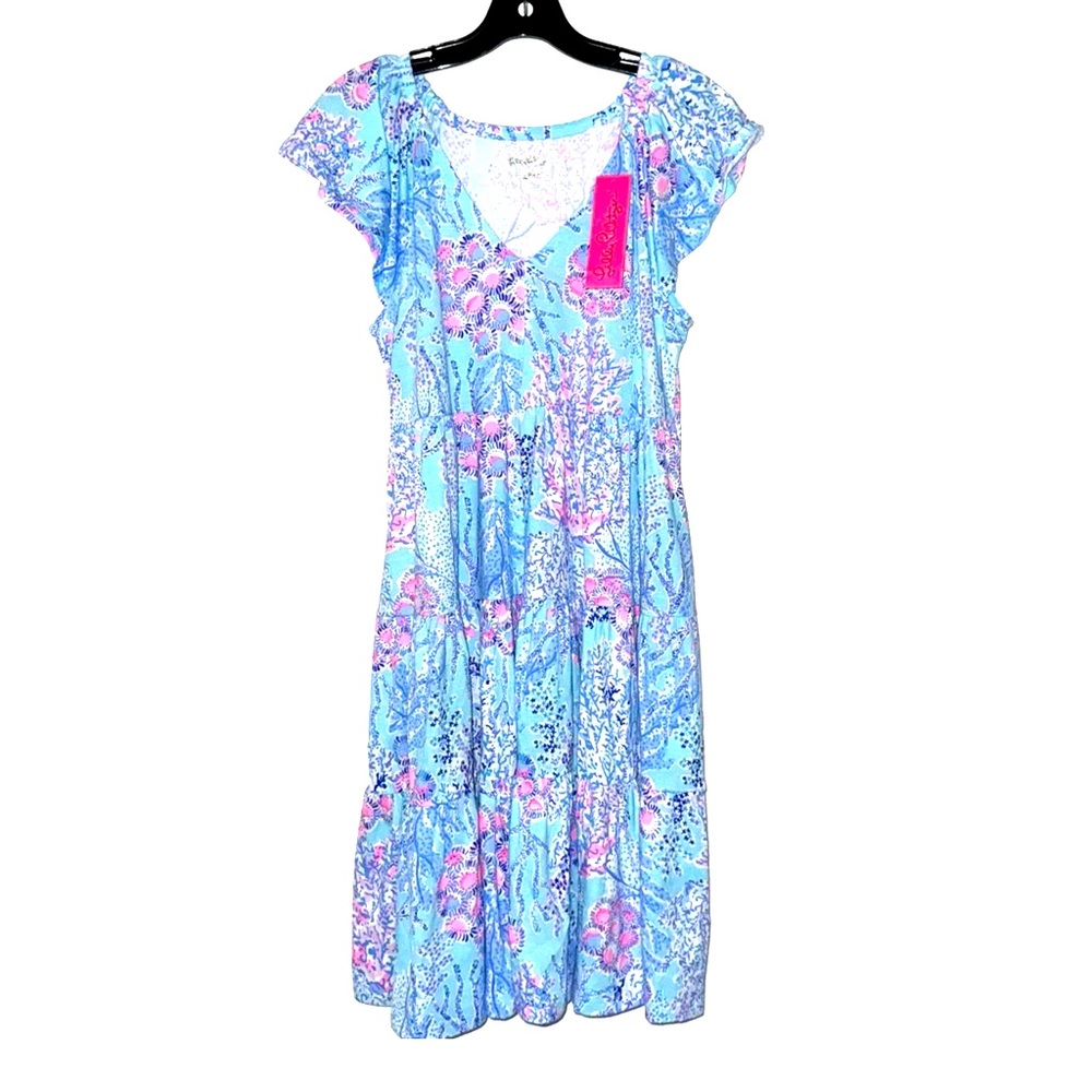 Lilly Pulitzer NWT size L Kawai Flutter Sleeve Dress Blue Ibiza Now you sea me